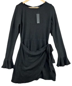 Neu mit Etikett Lulus Damen Kleid Gr. M schwarz Faux Wickel Pulloverkleid Glockenärmel Goth - Bild 1 von 12