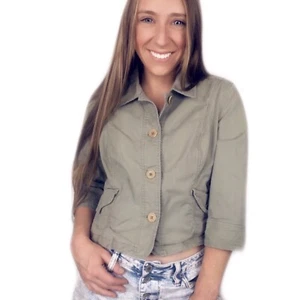 Talbots Long Sleeve Button Up Cropped Jacket Junglewood Green 10 Petite Women’s - Picture 1 of 4