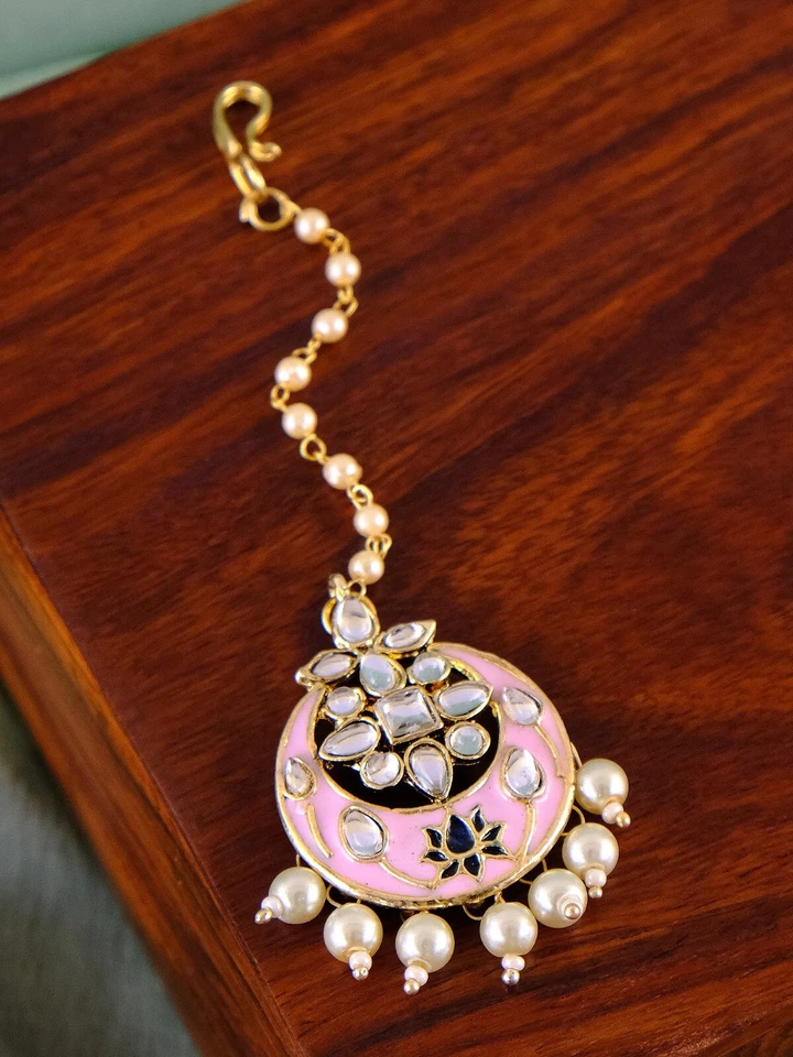 印度 Minakari Maang Tika-Bollywood 传统珍珠镀金 Tikka 女式 — 第 1/1 张图片