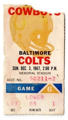 Baltimore Colts vs Dallas Cowboys 1967 talón de boleto 12/3/67 pérdida de papel Foto 1 de 2