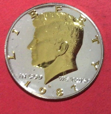Meio dólar folheado a ouro 1987D US Kennedy 24 quilates! Moeda antiga dos EUA! - Imagem 1 de 2