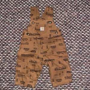 CARHARTT 3 Months Baby Toddler Brown Train Bib Overalls Snap Crotch - Picture 1 of 6