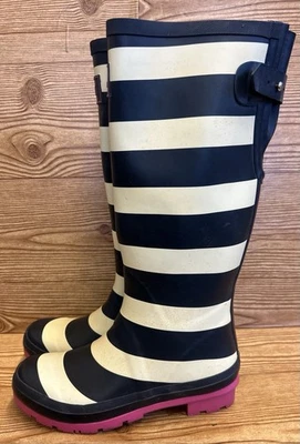 Bota de Lluvia Joules Mujer Azul Blanco Rosa Rayas Estampado Welly Talla 7 Foto 1 de 4