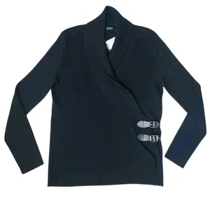 Lauren Ralph Lauren Women's 2 Buckled Strap Front Wrap Black Sweater Size L - Picture 1 of 8