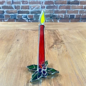 Centro de mesa de pie para velas de acebo y bayas de Navidad de vitral - Imagen 1 de 11