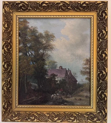 Original oil painting wooded landscape with figures with horse signed framed - Image 1 of 4