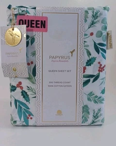 Papyrus Christmas Holly Berry Queen Sheet Set 100% Cotton Percale, New - Picture 1 of 2