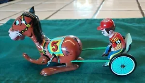 Vintage MIKUNI JAPAN Harness Race Horse Rider Wind-Up Tin Toy #5 - Picture 1 of 7