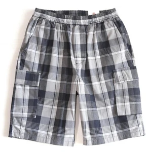 YAGO Men's Elastic Waist Drawstring Relaxed Fit Plaid Cargo Short Grey White BN4 - Picture 1 of 3