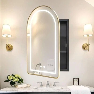 Mueble de Medicina LED Iluminado Desempañador Baño Dorado Montaje en Pared Espejo Gabinete Foto 1 de 4