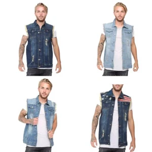 Men's Denim Ripped Vest Jean Coat Causal Sleeveless Collar Shirt Biker Jacket - Picture 1 of 15