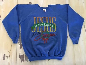 JESUS IS THE REASON FOR THE SEASON - Vtg 80s Blue Christmas Sweatshirt, Mens XL - Picture 1 of 7