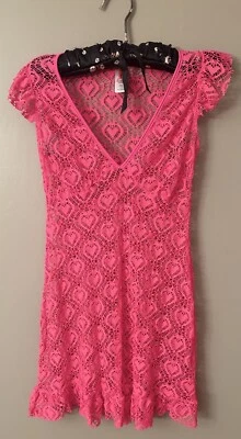 Betsey Johnson Crochet Cover Up Mini Dress Hot Pink Heart Pool Beach Medium - Image 1 of 4