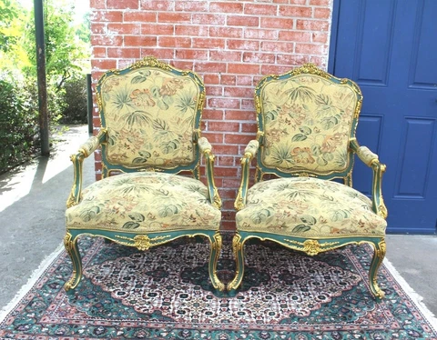 Exquisite Pair Of Louis XV  Painted Green & Gilded Armchairs with Gold Trim Cover