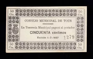 F.C. TOUS (VALENCIA) , 50 CÉNTIMOS 1937 , EBC+ . - Imagen 1 de 2