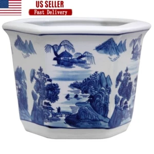 Maceta de porcelana hecha a mano azul blanco drenaje artesanía duradera - Imagen 1 de 6
