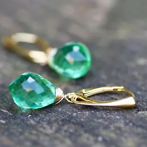Lab Made Green Tourmaline Earrings Yellow Gold Vermeil October Birthstone - Picture 1 of 6