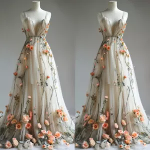 Deep V Neck Wedding Dresses 3D Flowers Appliques Pleated Tulle Bridal Gowns New - Picture 1 of 7