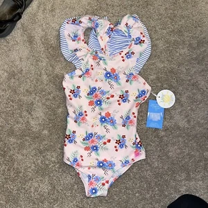 Rufflebutts 1 Piece suit, pink/blue floral, ruffle cap sleeves,  SPF 50, NWT, 8 - Picture 1 of 7
