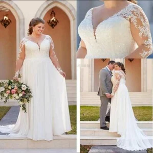 Chiffon Plus Size Wedding Dresses Long Sleeves Lace Appliques V Neck Bridal Gown - Picture 1 of 10