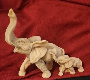 Elephant Stone Resin Carved Raging Mother Baby Trunk Up Figurine 5.25" 1970's - Picture 1 of 3