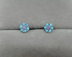 925 Sterling Silver Delicate Turquoise Round Stud Earrings with Screw Backs - Picture 1 of 2