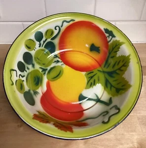 Vintage Porcelain Enamel Ware Metal Large Bowl Wash Basin Fruit Hand Stencil - Picture 1 of 13