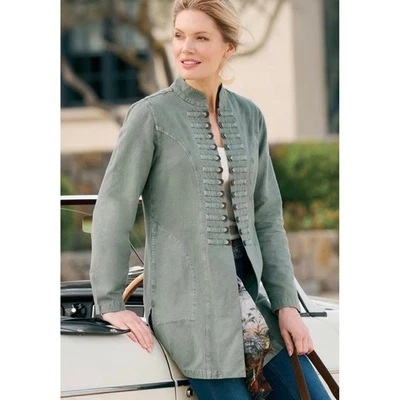 Soft Surroundings Eliana Jacket Womens M Sage Open Military Layer Cotton Artsy - Image 1 of 4