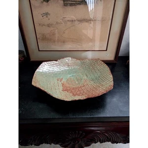 Studio Pottery Bowl Signed Textured Glaze Green & Rust Handmade Art Vintage - Picture 1 of 9