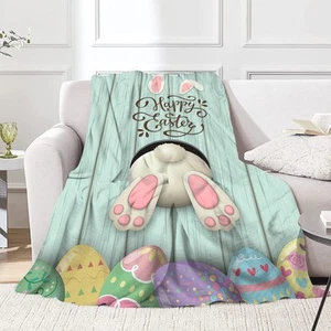 Flannel Throw Blanket Happy Easter Bunny Eggs Cozy&Soft Plush Blankets for Be... - Picture 1 of 7