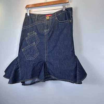 Falda Denim Azul Asfalto Dobladillo Asimétrico Línea A Acampanada Bolsillos Decorativos Talla S Foto 1 de 4