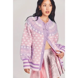 LoveShackFancy Amalo Boyfriend Cárdigan Suéter Macaron Rosa Corazón Lazo Talla S - Imagen 1 de 18