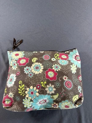Thirty-One Zipper Pouch Floral Bag Makeup Organizer Cosmetic Bag Quilted Brown - Image 1 of 4