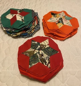 Lot 130 & + Hexagon Hand Pieced Star Quilt Blocks 5-6" mol Red, Orange & Mixed - Picture 1 of 11