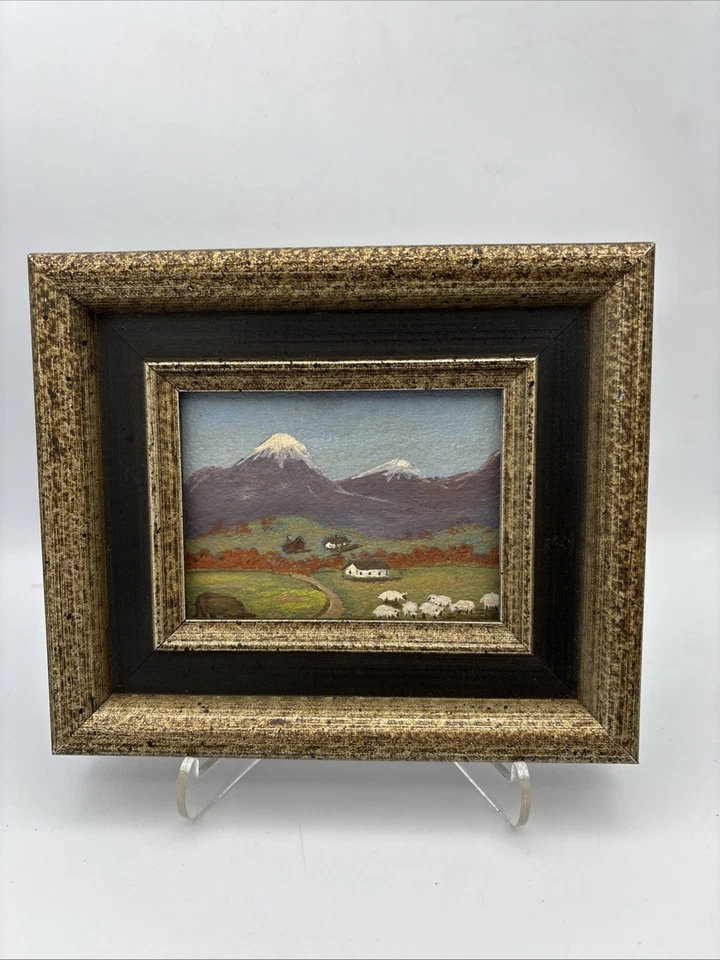 Arte Original Pequeño Mini Enmarcado Firmado Pastoral Montañas Oveja De Colección 1967 Foto 1 de 4