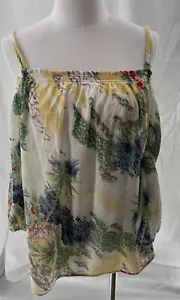 Chaps Denim Top Women’s Sz M Blue Green Off Shoulder Boho Tropical Hawaii Hippie - Picture 1 of 11