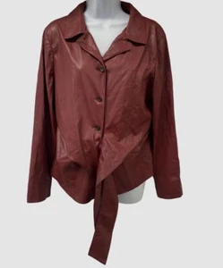 $275 Donna Karan Women's Red Button-Up Leather Suede Moto Coat Jacket Size L - Picture 1 of 2