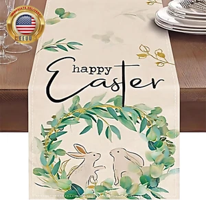 Easter Table Runner, Bunny Rabbit Flowers Leaves Green Easter Table Runners 72 I - Picture 1 of 7