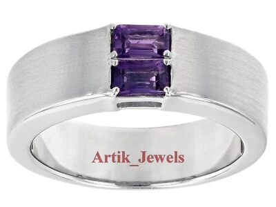 Natural Amethyst Gemstone With 14K White Gold Plated Silver Ring for Men #808 - Image 1 of 4