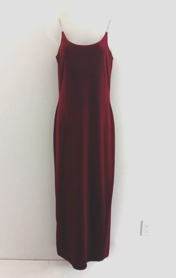 Maxi Vestido Vintage Terciopelo Sin Mangas Años 90 Y2K Baile de graduación MEDIANO Rojo Plata Correas Hada Foto 1 de 4