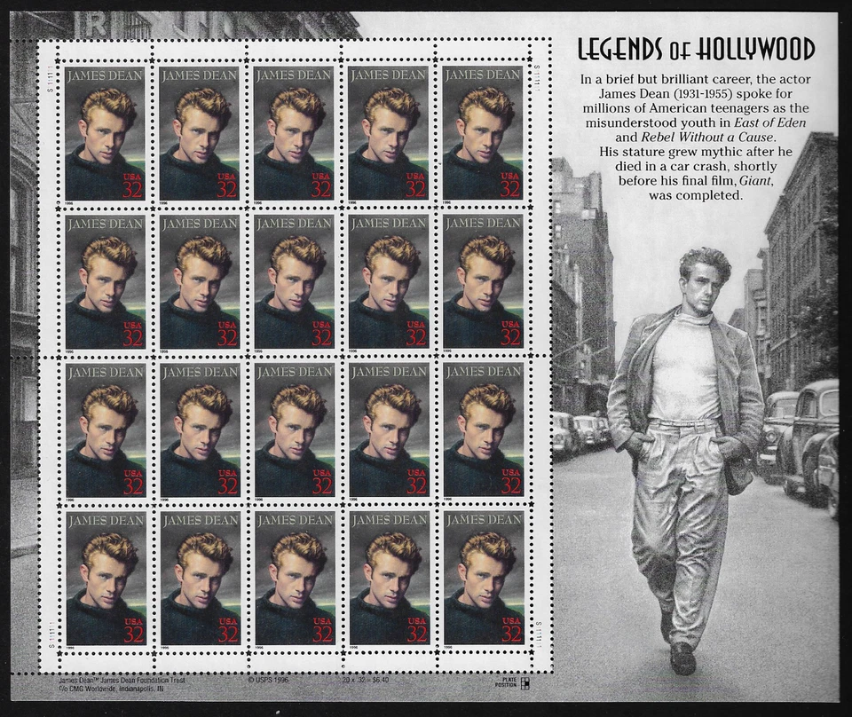 US Stamps Full Pane Of 20, James Dean, Legends of Hollywood #3082 - Image 1 of 1