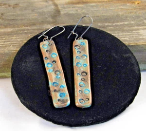 Women Bar Dangle Earrings Modern Art Circle Textured Patina Handmade Porcelain - Picture 1 of 5