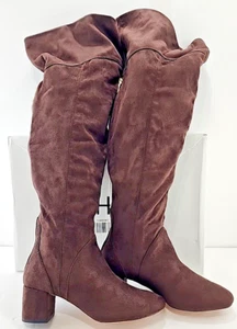 ASHRO women's over knee boots shoe size 8 M Brown fabric upper block heels NEW - Picture 1 of 7