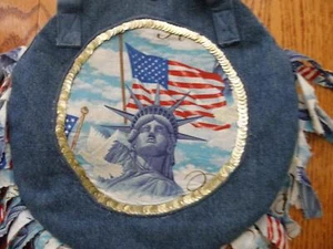 1970's STATUE OF LIBERTY HIPPIE FRINGE HANDMADE DENIM HANDBAG SEQUINS REVERSIBLE - Picture 1 of 3
