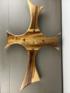 Vintage Handmade Myrtle Wood Wall Clock Carved Cross Beautiful Grain Read - Picture 1 of 16