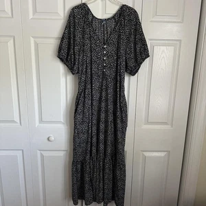 Old Navy Dress Womens 2XL Black White Ditsy Floral Maxi Puff Short Sleeve Boho - Picture 1 of 11
