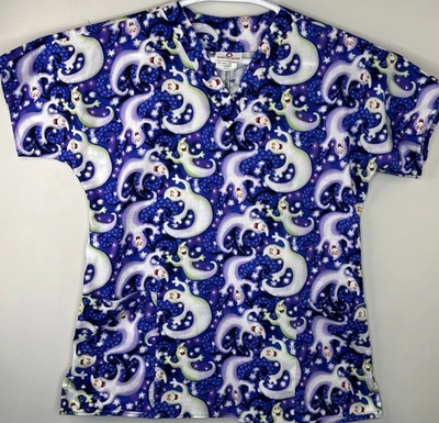 Halloween Scrub Top Size Large V-Neck Pockets Ghosts White Cross Brand - Image 1 of 4