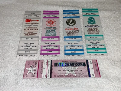 GRATEFUL DEAD 5 ENTRADAS PARA GIRAS DE CONCIERTOS SIN USAR Jerry Garcia Bill Graham Ephemera Foto 1 de 4