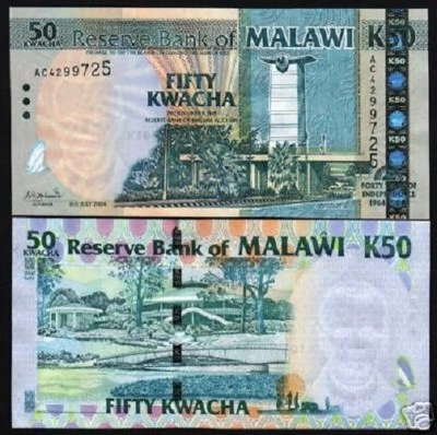 MALAWI 50 KWACHA P-49 2004 1st COMMEMORATIVE UNC CURRENCY MONEY BILL BAN KNOTE - Image 1 of 4