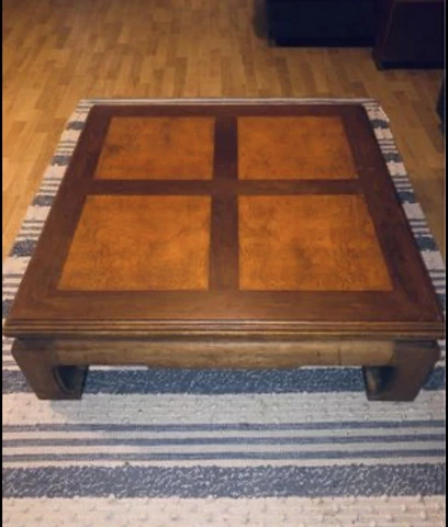 Antique 1970 Thomasville Square Coffee Table - Oak & Burlwood Cover